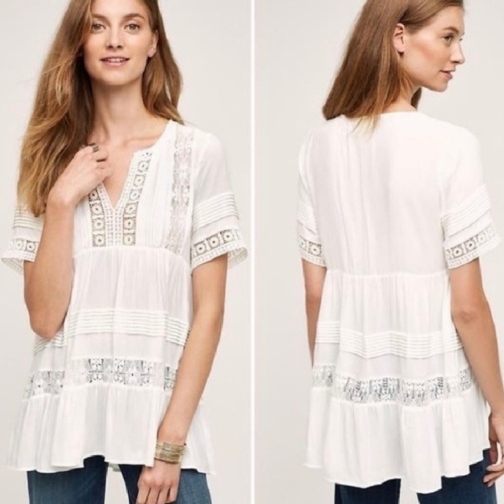 Anthropologie White Lace-Trim Peasant Tunic